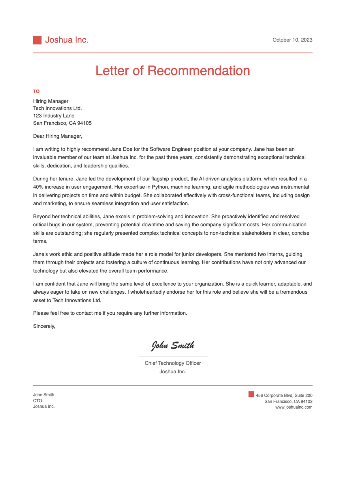 Professional letter of recommendation for Mary Thompson from Joshua Inc with contact details and_variant_3